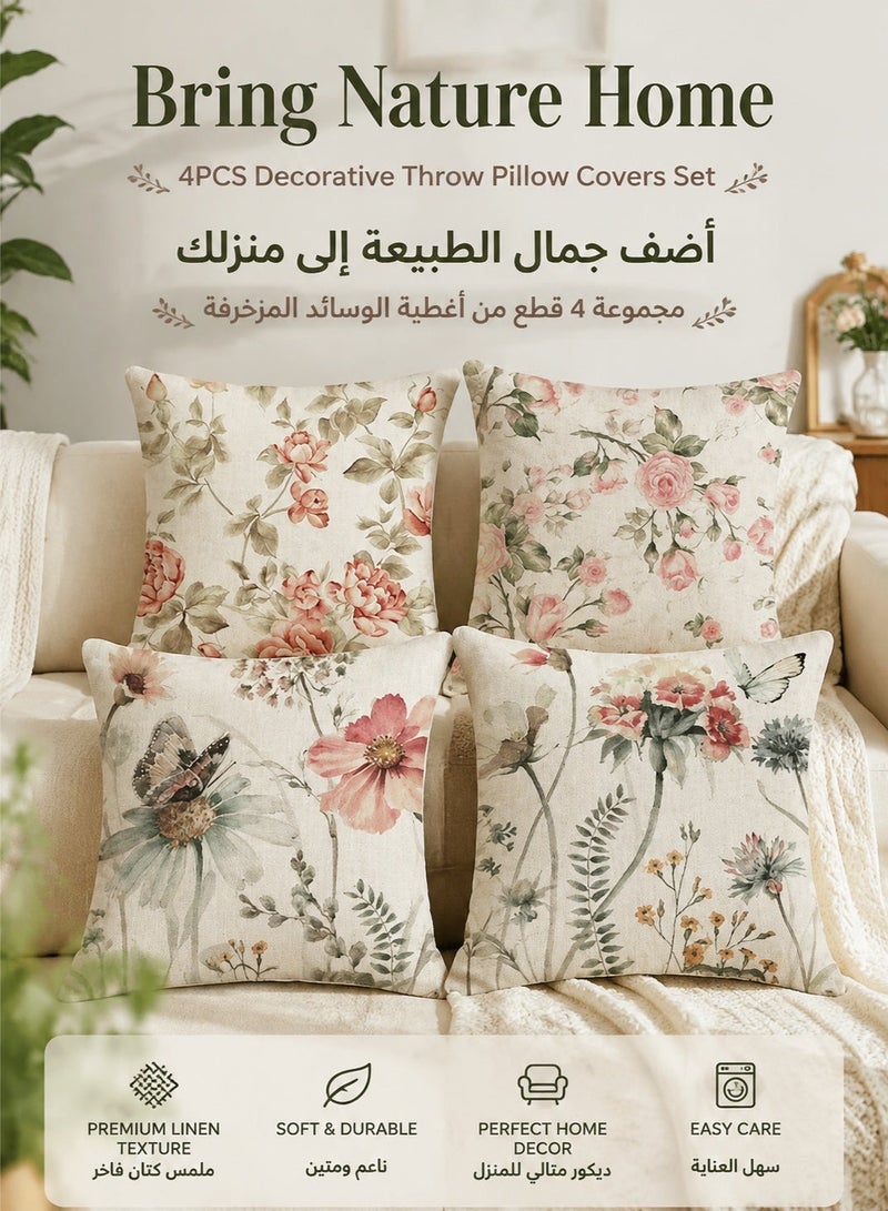 Bukela 4PCS Decorative Throw Pillow Covers 18x18 inches Set of Birds Butterfly and Plant Cushion Covers 45cm x 45cm Boho Linen Square Throw Pillow Cases for Living Room Sofa Couch Bed Pillowcases - Image 1