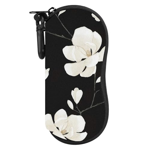 MoKo Sunglasses Soft Case Ultra Light Neoprene Zipper Eyeglass Case with Clip, Black & White Magnolia - Image 1