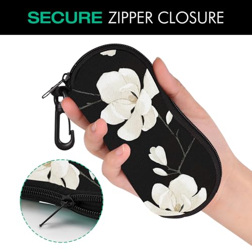 MoKo Sunglasses Soft Case Ultra Light Neoprene Zipper Eyeglass Case with Clip, Black & White Magnolia - Image 4