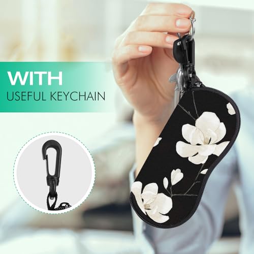 MoKo Sunglasses Soft Case Ultra Light Neoprene Zipper Eyeglass Case with Clip, Black & White Magnolia - Image 3