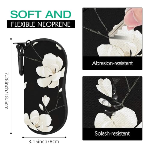 MoKo Sunglasses Soft Case Ultra Light Neoprene Zipper Eyeglass Case with Clip, Black & White Magnolia - Image 2