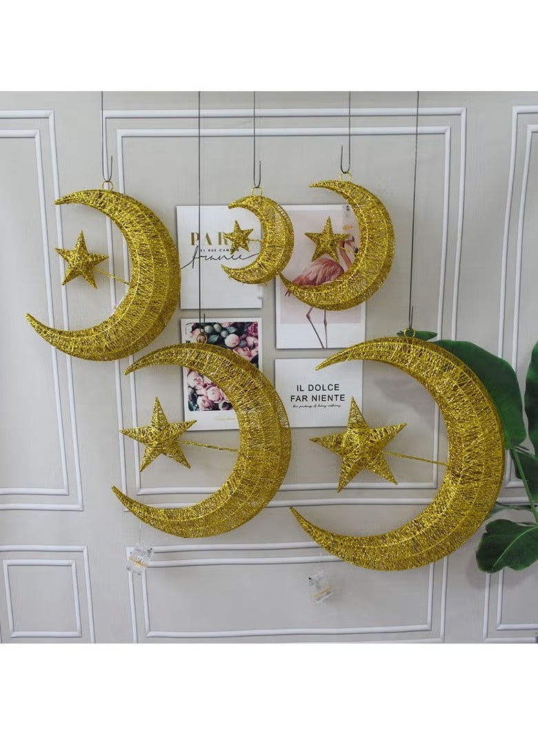 Pack of 2pc 30cm Ramadan Crescent Lighting Lantern 3D Hilal Crescent Golden 30 LED Moon Star Light, Ramadan Kareem Eid Home Decoration Moon Star Warm White Battery Powered - Image 2