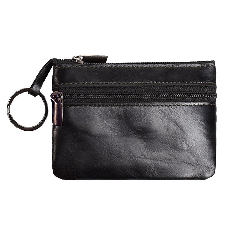 Hibate Black Small Leather Coin Purse Change Pouch for Women Men Kids with Zip Key Ring - Image 1