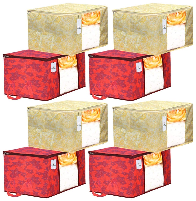 Kuber Industries Metalic Printed 8 Piece Non Woven Fabric Underbed Storage BagCloth OrganiserBlanket Cover with Transparent Window Gold Red CTKTC041203 - Image 1