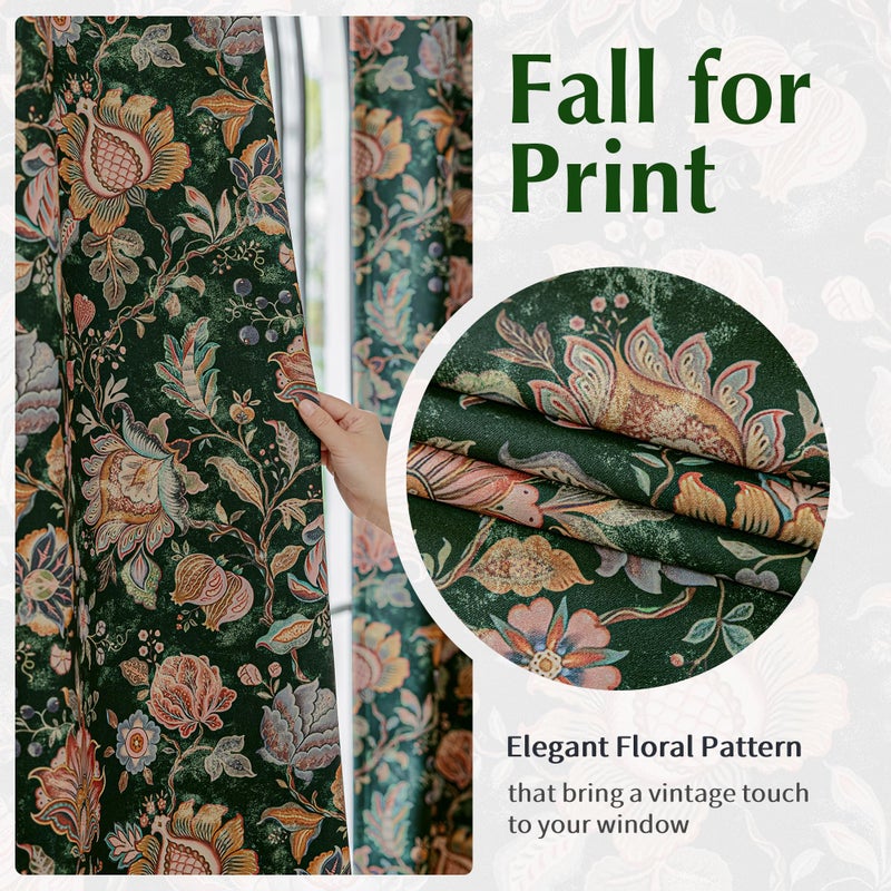 FMFUNCTEX 100% Boho Blackout Floral Curtains for Bedroom, Vintage Flower Patternd Emerald Green Curtains 63 Inch Length for Living Room Darkening Thermal Insulated Grommet Window Drapes 2 Panels - Image 4