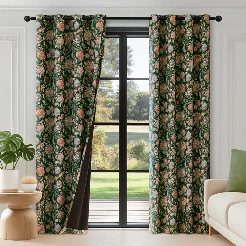 FMFUNCTEX 100% Boho Blackout Floral Curtains for Bedroom, Vintage Flower Patternd Emerald Green Curtains 63 Inch Length for Living Room Darkening Thermal Insulated Grommet Window Drapes 2 Panels - Image 2