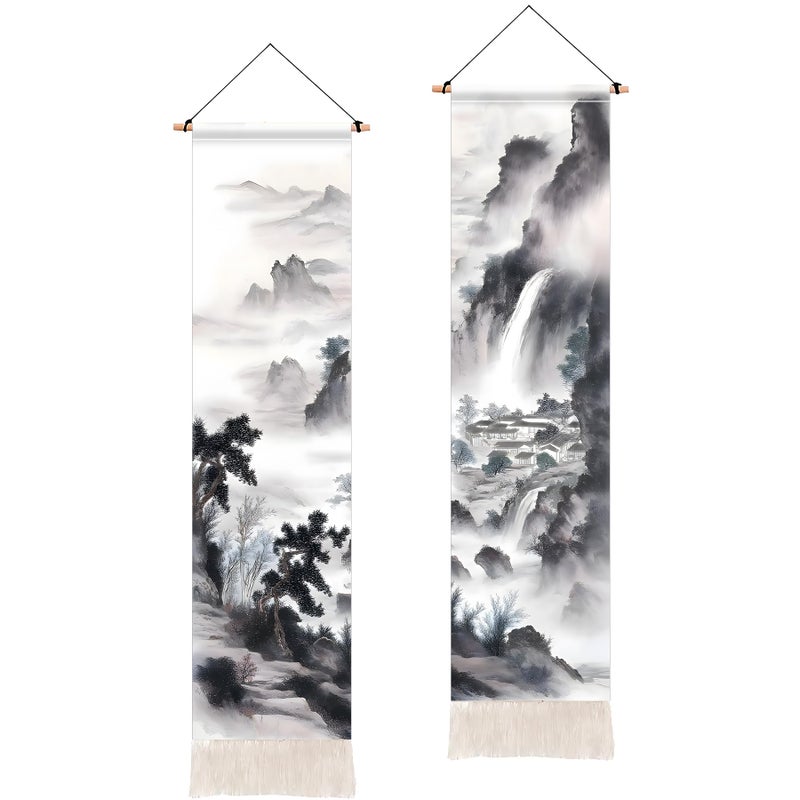 AOHMPT Pack of 2 Long Vertical Tapestry,Nature Landscape Tapestry with Serene Mountain River, Moon & Sun Motifs,Traditional Ink Painting Wall Art,Zen Aesthetic Wall Hanging for Living Room Bedroom Decor 13" W x 51" H" - Image 1