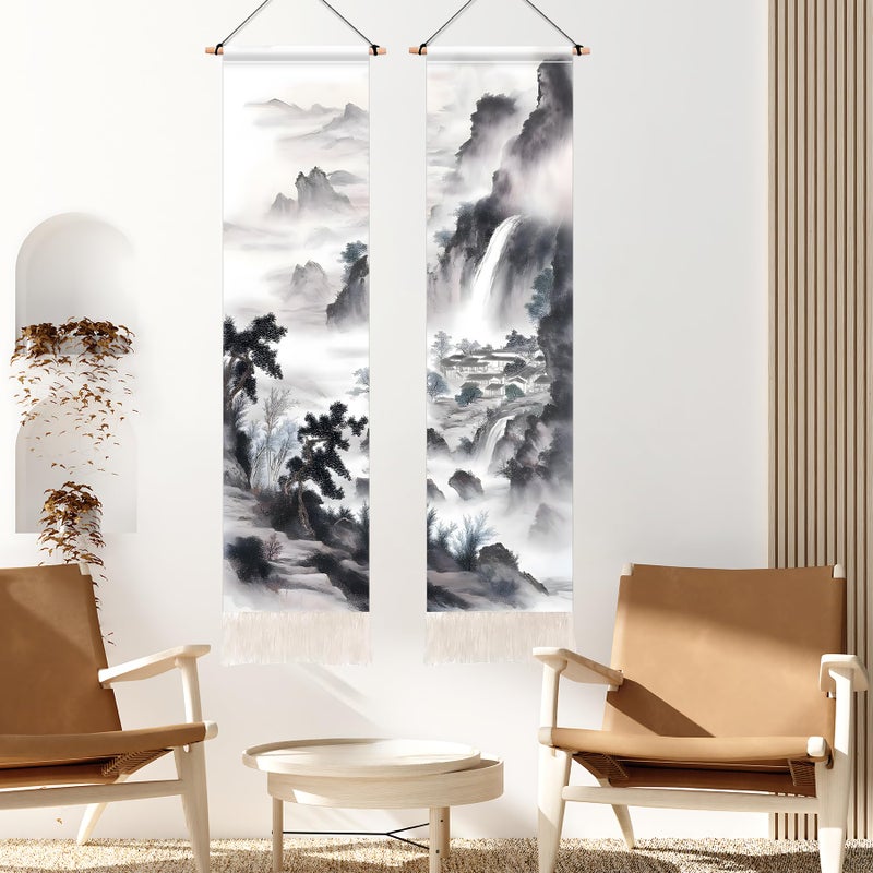 AOHMPT Pack of 2 Long Vertical Tapestry,Nature Landscape Tapestry with Serene Mountain River, Moon & Sun Motifs,Traditional Ink Painting Wall Art,Zen Aesthetic Wall Hanging for Living Room Bedroom Decor 13" W x 51" H" - Image 2
