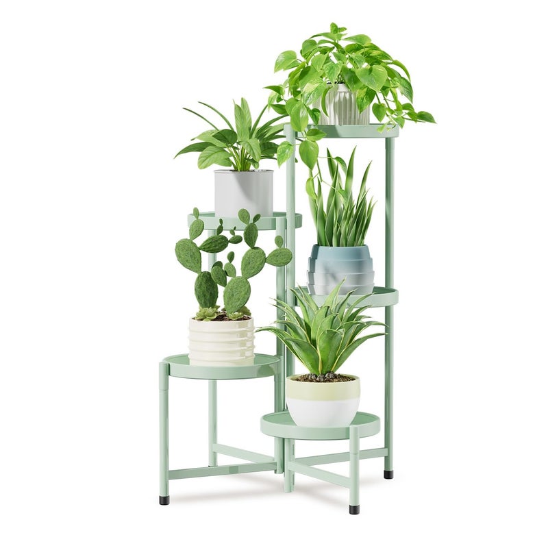 iDavosic.ly iDavosicly 5 Tier Large Plant Stand Indoor 10 Inch Wide Corner Tall Metal Plant Stands Outdoor for Multiple Plants Folding Tiered Flower Display Holder Rack Shelf Light Green - Image 2