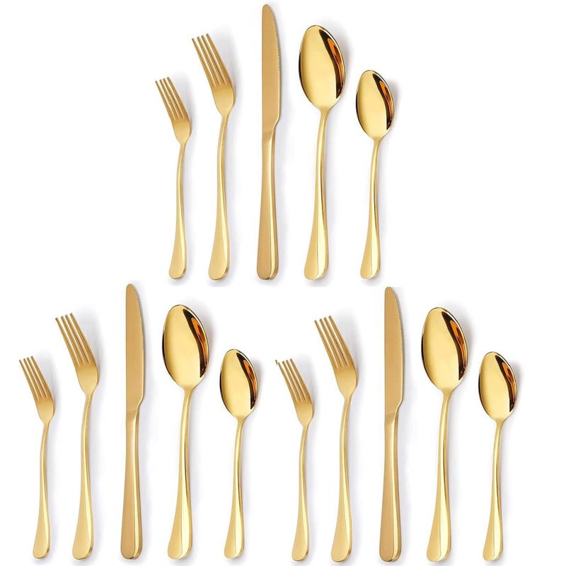 MOBDESK Set of 15 Premium Gold Daily Use Cutlery Stainless Steel Flatware SetServing Spoon Fork Knife Mirror Polished Tableware for Elegant Dining Table Decor Rust Resistant and Dishwasher Safe - Image 1