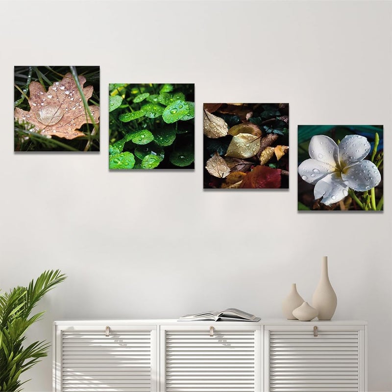 Artscope 4 Pieces Wall Art Canvas Prints - Raindrops, Leaves and Flowers Picture Painting - Modern Wall Artwork Framed for Gifts Bathroom Home Kitchen Office Decor - 30 x 30 CM - Image 3