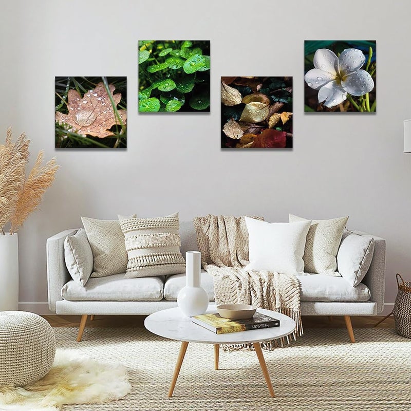 Artscope 4 Pieces Wall Art Canvas Prints - Raindrops, Leaves and Flowers Picture Painting - Modern Wall Artwork Framed for Gifts Bathroom Home Kitchen Office Decor - 30 x 30 CM - Image 2