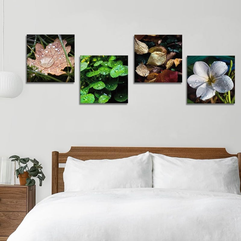 Artscope 4 Pieces Wall Art Canvas Prints - Raindrops, Leaves and Flowers Picture Painting - Modern Wall Artwork Framed for Gifts Bathroom Home Kitchen Office Decor - 30 x 30 CM - Image 5
