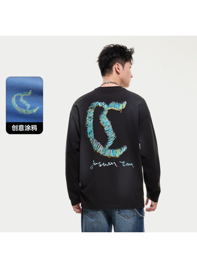 Cabbeen G Heavyweight Plain Weave] Men's T-shirt With Creative Logo And Color Block Design, Long Sleeve T-shirt For Autumn - Image 2