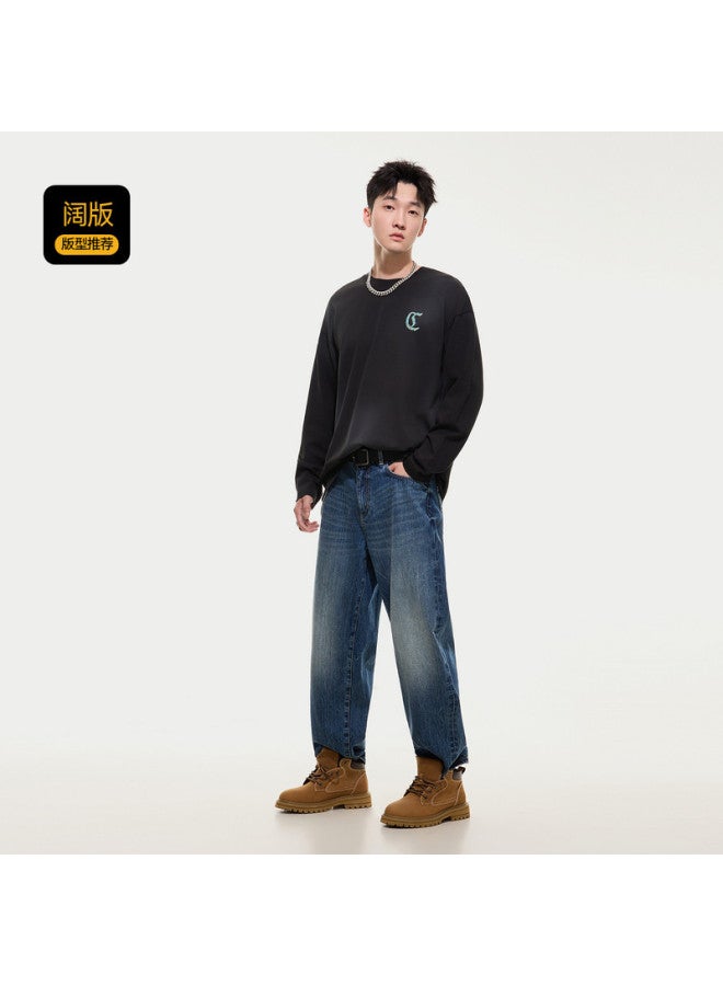 Cabbeen G Heavyweight Plain Weave] Men's T-shirt With Creative Logo And Color Block Design, Long Sleeve T-shirt For Autumn - Image 3