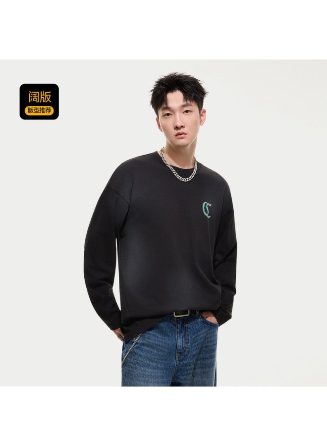 Cabbeen G Heavyweight Plain Weave] Men's T-shirt With Creative Logo And Color Block Design, Long Sleeve T-shirt For Autumn - Image 4