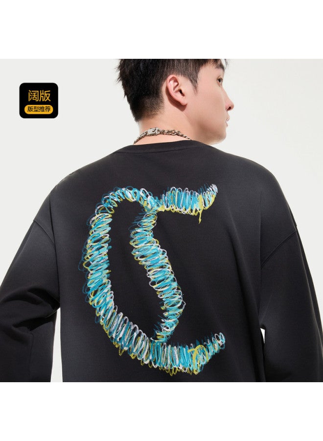 Cabbeen G Heavyweight Plain Weave] Men's T-shirt With Creative Logo And Color Block Design, Long Sleeve T-shirt For Autumn - Image 5