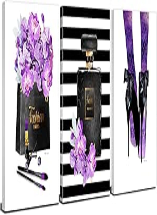 Women Fashion Canvas Wall Art, Glam Purple Bedroom Wall Decor, Paris Perfume Modern Posters Art,High Heels,Makeup Brush,Black and White Flowers Prints Pictures Girls Room Office Home Decoration 12x16"