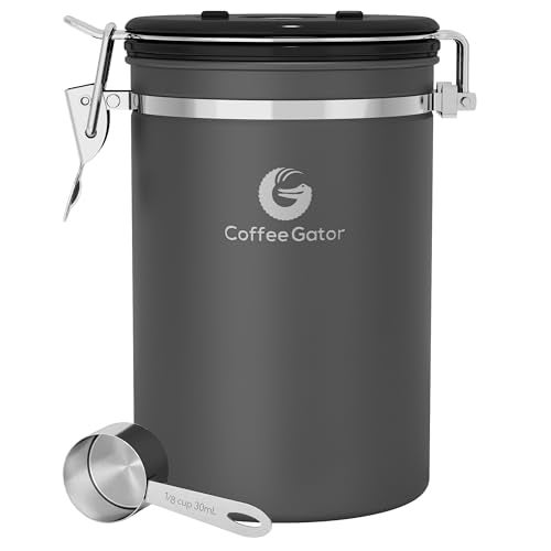 Coffee Gator Coffee Canister, 22oz Airtight Stainless Steel Kitchen Food Storage Container with Date-Tracker, CO2-Release Valve and Scoop for Beans, Grounds, Sugar, Cookies Jars, Tea, Cereal - Gray - Image 1