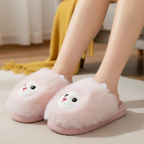 VRITRAZ Women’s Fur Slippers with Animal Face | Warm Winter Wear Soft Plush Slides | Cozy Indoor & Outdoor Comfort Footwear for Women | Stylish Furry Home Slippers (Size 8, Pink) - Image 3