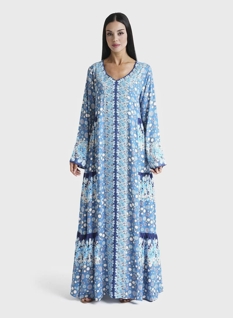 KASHKHA Blue Floral Printed Rayon Stone Work Jalabiya (VDE197)