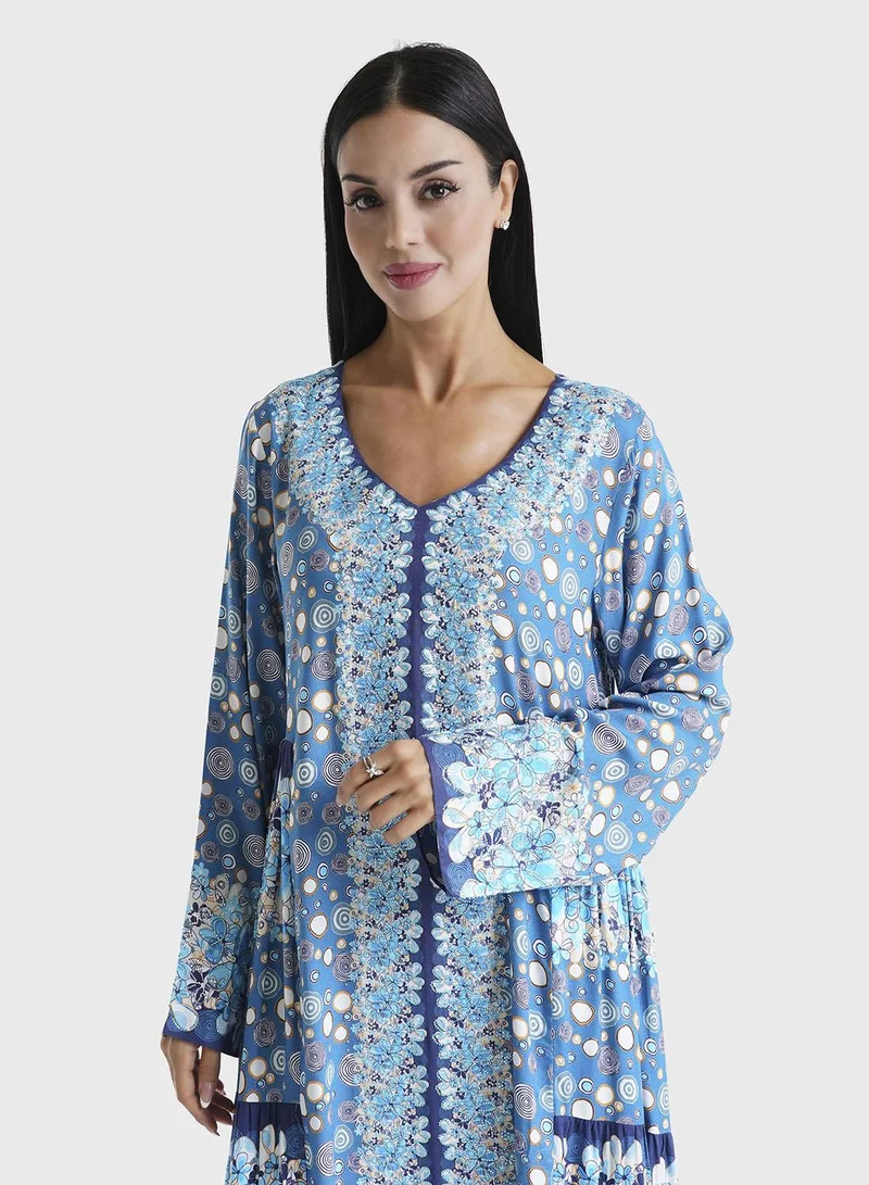 KASHKHA Blue Floral Printed Rayon Stone Work Jalabiya (VDE197)