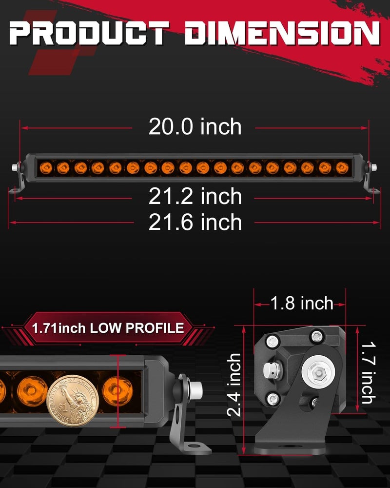 OFFROADTOWN شريط إضاءة LED أمبر 20 بوصة من OFFROADTOWN 180 واط مع شعاع مركّز وموزع، شريط إضاءة رفيع أحادي الصف - Image 2