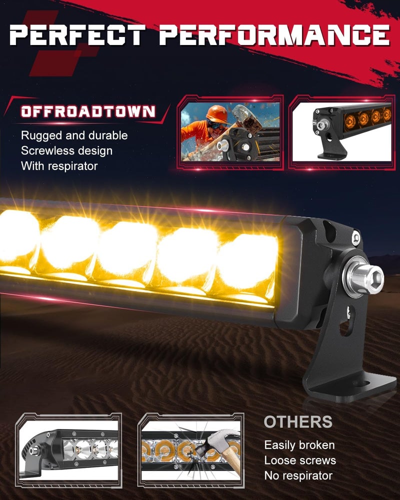 OFFROADTOWN شريط إضاءة LED أمبر 20 بوصة من OFFROADTOWN 180 واط مع شعاع مركّز وموزع، شريط إضاءة رفيع أحادي الصف - Image 5