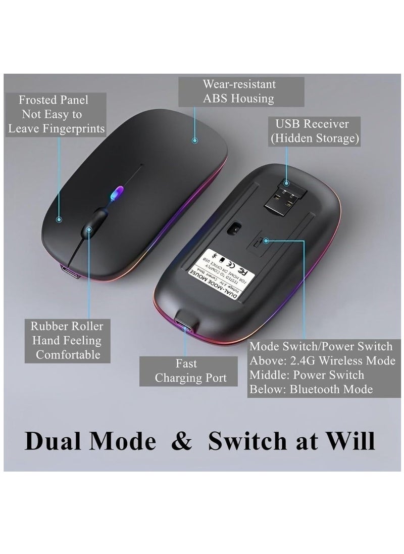 HB - Wireless Bluetooth Mouse, Slim LED Dual Mode (Bluetooth 5.1 + USB) 2.4GHz Silent Rechargeable Mouse with Type-C Adapter for Laptop/MacBook/iPad OS 13 and Above - Image 1