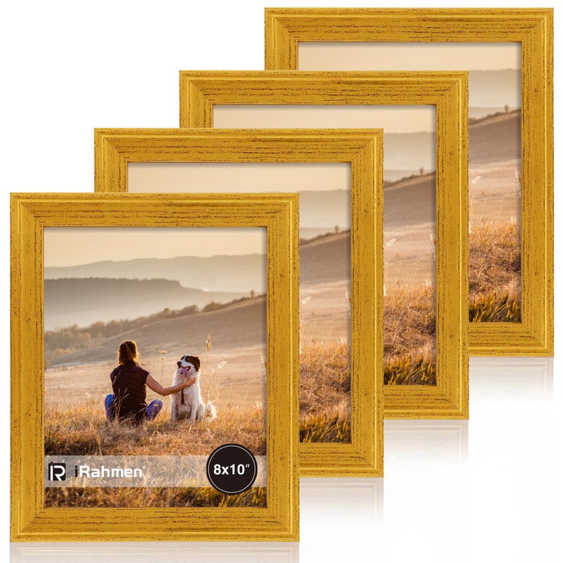 iRahmen 8x10 Picture Frame Set of 4  Gold Picture Frames with Real Glass  Display Pictures 8 x 10 Without Mat  Rustic Vintage Wooden Photo Frame for Wall Mount and Tabletop Display - Image 1