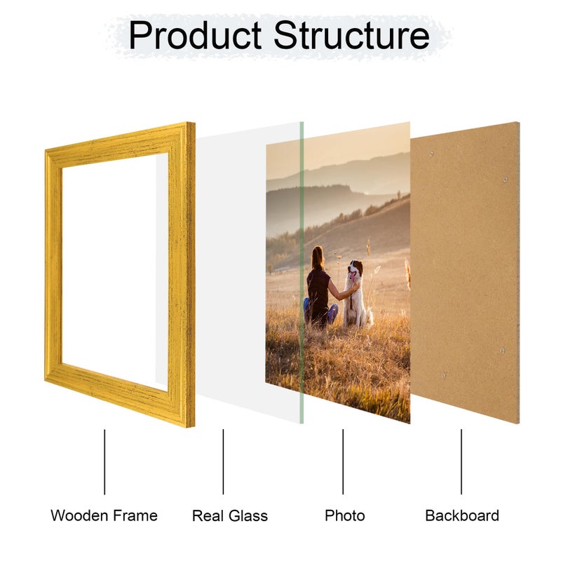 iRahmen 8x10 Picture Frame Set of 4  Gold Picture Frames with Real Glass  Display Pictures 8 x 10 Without Mat  Rustic Vintage Wooden Photo Frame for Wall Mount and Tabletop Display - Image 3