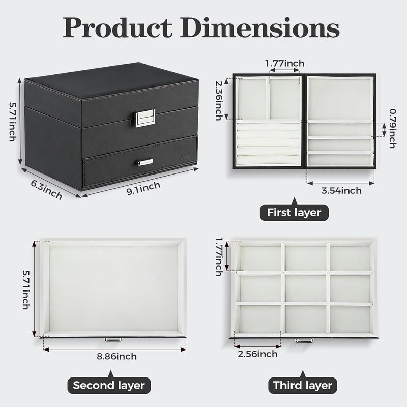 Dajasan Jewelry Organizer Box - Large 3-Layer Jewelry Storage Case with Drawer and Movable Metal Stand (Black) - Image 3