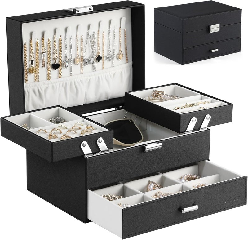 Dajasan Jewelry Organizer Box - Large 3-Layer Jewelry Storage Case with Drawer and Movable Metal Stand (Black) - Image 1