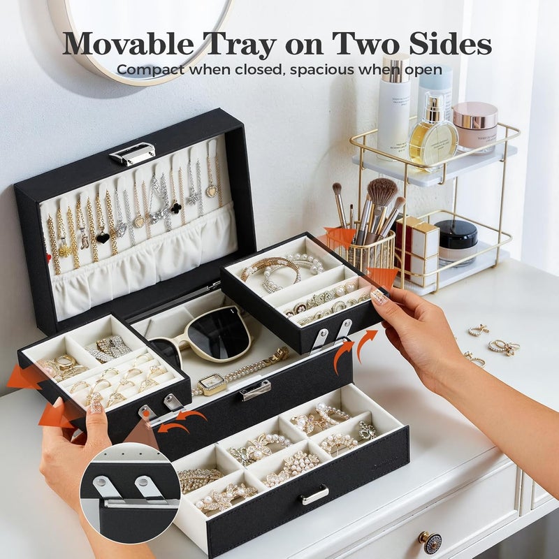 Dajasan Jewelry Organizer Box - Large 3-Layer Jewelry Storage Case with Drawer and Movable Metal Stand (Black) - Image 2