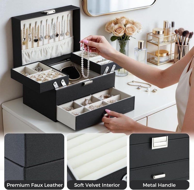 Dajasan Jewelry Organizer Box - Large 3-Layer Jewelry Storage Case with Drawer and Movable Metal Stand (Black) - Image 5