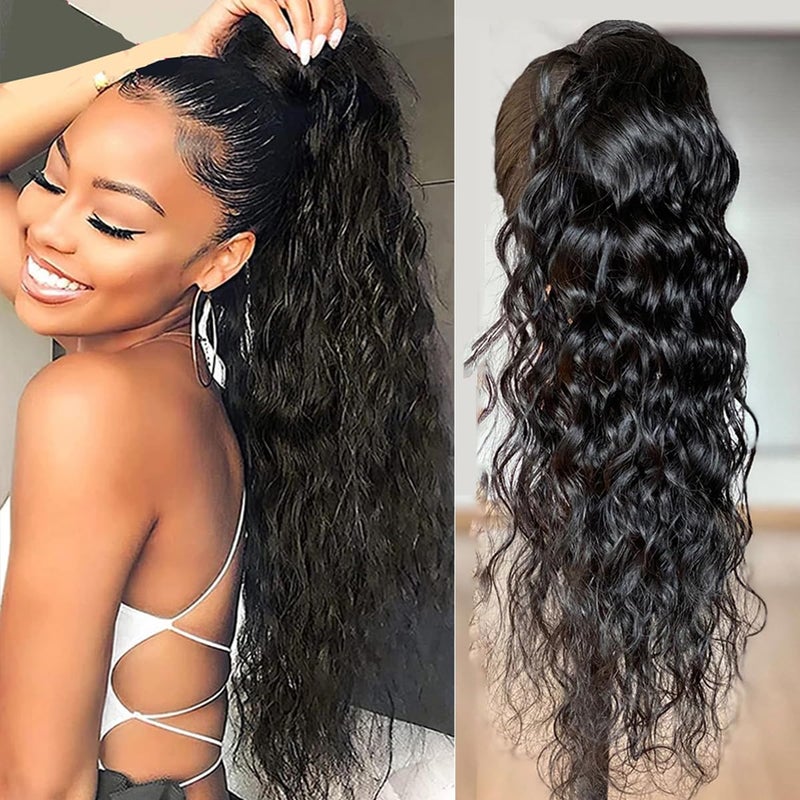 Water Wave Ponytail Human Hair Extension 100 Human Hair Drawstring Corn Wave Ponytails for Black Women 3C Curly Wavy Pony Tails 10A Brazilian Hair Extension 22 Inches
