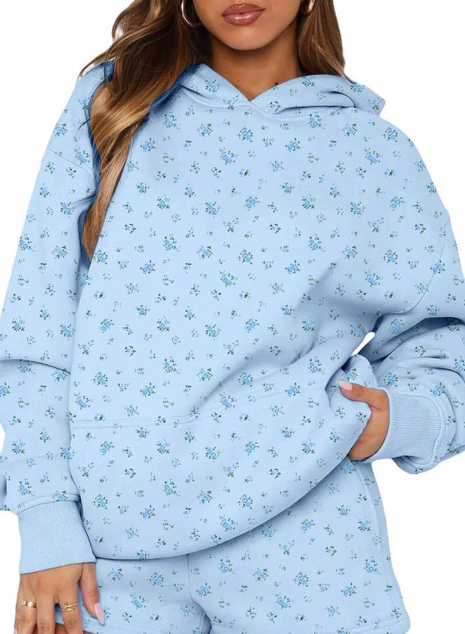 BAIGRAM Women Oversized Ditsy Floral Fleece Hoodies Snowflake Print Hooded Sweatshirt 2025 Y2K Aesthetic Fall Pullover, Blue Floral, M - Image 1