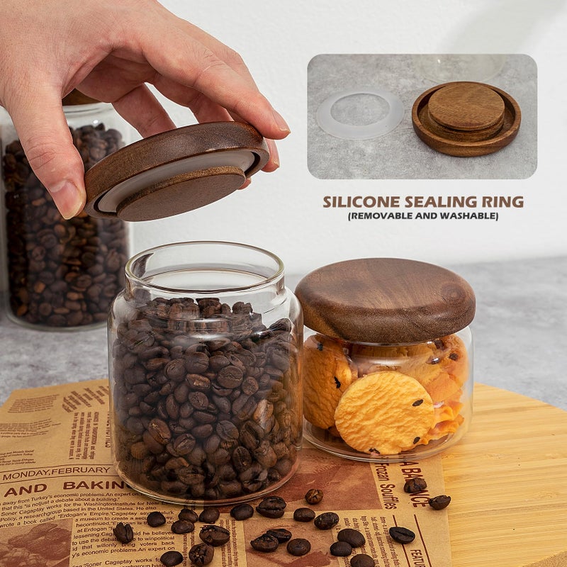 piconesper 1 PC Small Glass Storage Jars with Airtight Lids, 10 fl oz (300ml) coffee container with Wooden Lid, Glass Pantry Canister for Beans, Rice, Sugar and etc - Image 3