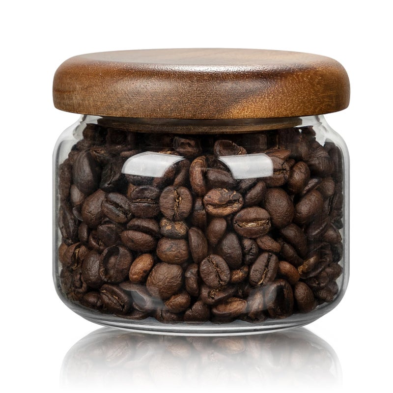 piconesper 1 PC Small Glass Storage Jars with Airtight Lids, 10 fl oz (300ml) coffee container with Wooden Lid, Glass Pantry Canister for Beans, Rice, Sugar and etc - Image 1