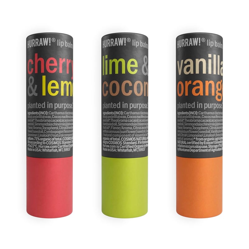 Hurraw Cherry Lemon Lime Coconut and Vanilla Orange Lip Balm 3 Pack Bundle PlasticFree with new cardboard pushup tube Certified Organic Natural  Vegan Bee Shea Soy  Palm Free Made in USA