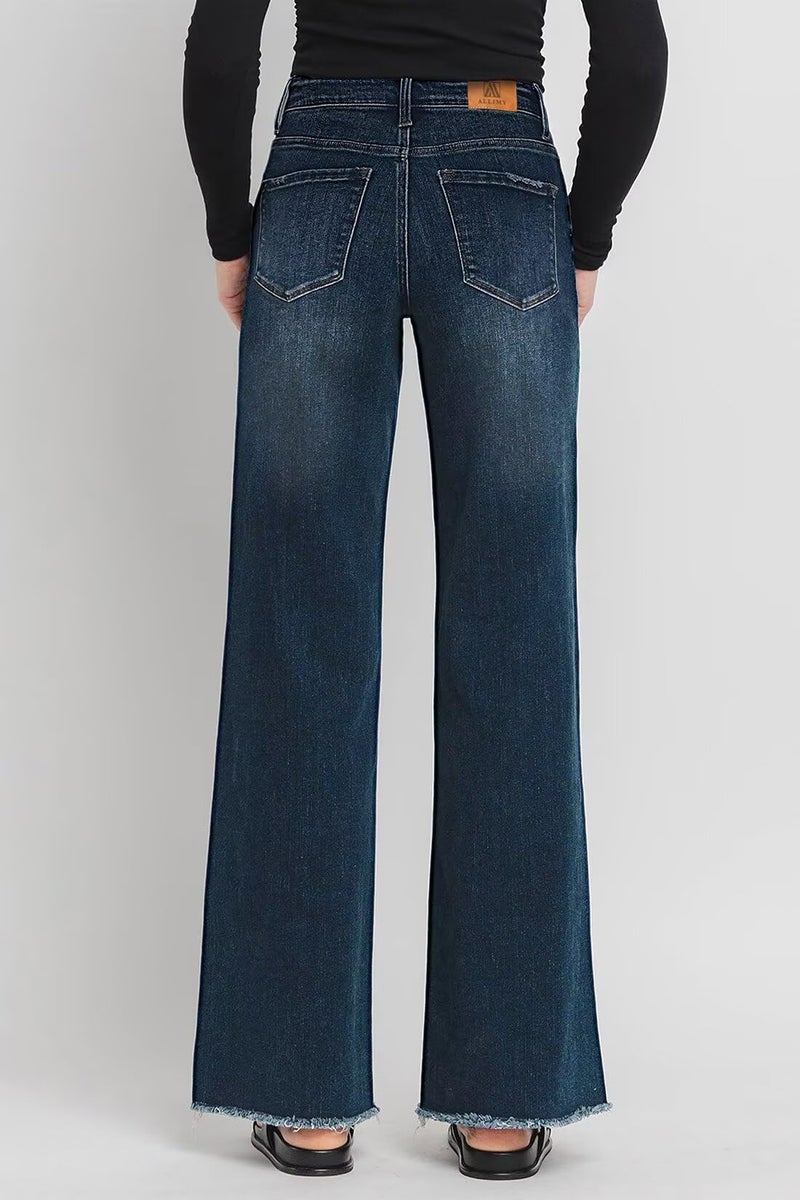 Allimy Baggy Jeans for Women High Waisted High Rise Flare Boot Cut Bell Bottom Stretch Raw Hem Mom Wide Leg Straight Leg Petite Womens Jeans Denim Pants Dark Wash Blue US 8 - Image 2
