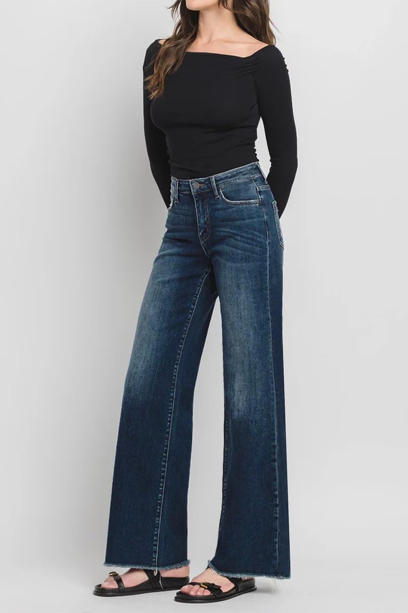 Allimy Baggy Jeans for Women High Waisted High Rise Flare Boot Cut Bell Bottom Stretch Raw Hem Mom Wide Leg Straight Leg Petite Womens Jeans Denim Pants Dark Wash Blue US 8 - Image 5
