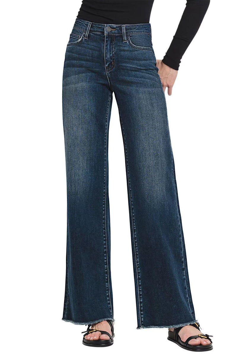 Allimy Baggy Jeans for Women High Waisted High Rise Flare Boot Cut Bell Bottom Stretch Raw Hem Mom Wide Leg Straight Leg Petite Womens Jeans Denim Pants Dark Wash Blue US 8 - Image 1