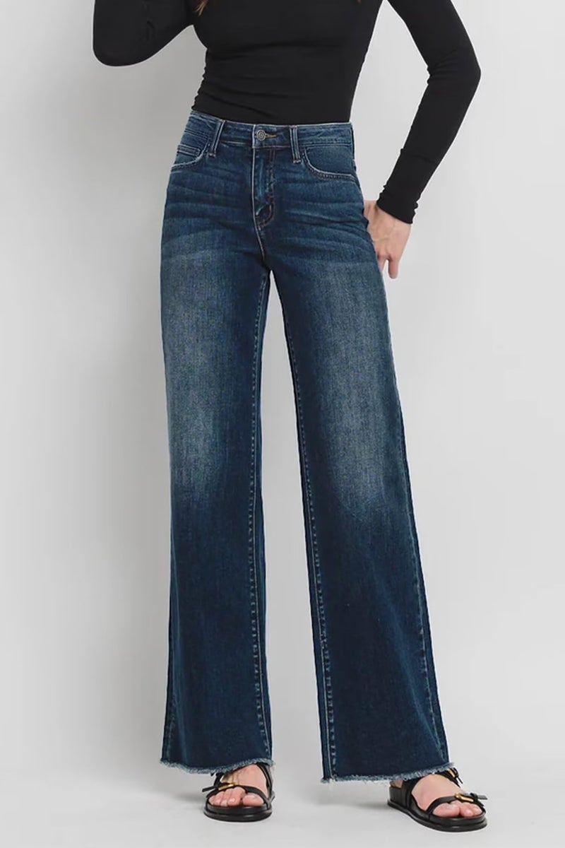Allimy Baggy Jeans for Women High Waisted High Rise Flare Boot Cut Bell Bottom Stretch Raw Hem Mom Wide Leg Straight Leg Petite Womens Jeans Denim Pants Dark Wash Blue US 8 - Image 4