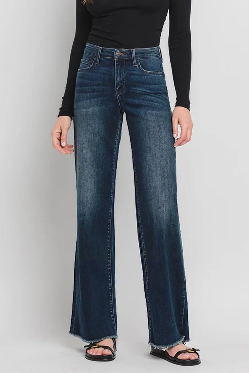 Allimy Baggy Jeans for Women High Waisted High Rise Flare Boot Cut Bell Bottom Stretch Raw Hem Mom Wide Leg Straight Leg Petite Womens Jeans Denim Pants Dark Wash Blue US 8 - Image 3