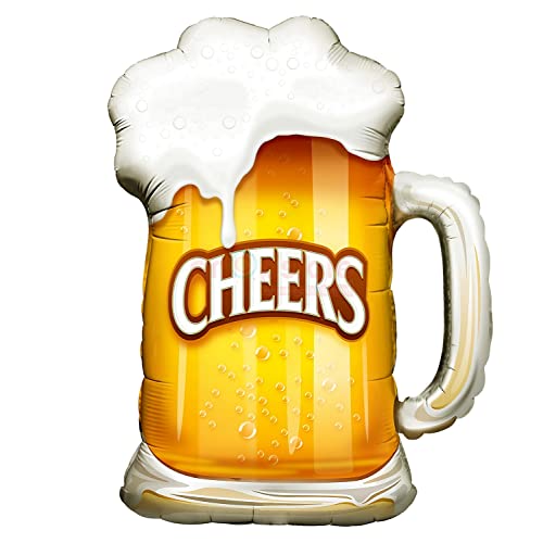 Propsicle 36" Large Helium Foil Beer Mug Balloon with Cheers Text for Birthdays, Anniversaries, or Bachelorette Parties - Golden and White - Pack of 1 - Image 1