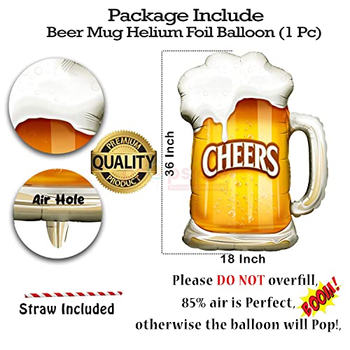 Propsicle 36" Large Helium Foil Beer Mug Balloon with Cheers Text for Birthdays, Anniversaries, or Bachelorette Parties - Golden and White - Pack of 1 - Image 2