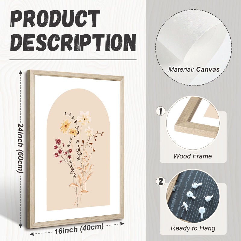 Tanmart Watercolor Flower Wall Art Set of 3 Wildflower Floral Wall Decor Pictures Botanical Canvas Wall Art Vintage Prints Boho Flower Painting Minimalist Floral Poster for Bedroom Room 16x24 Inch Wood Framed - Image 2