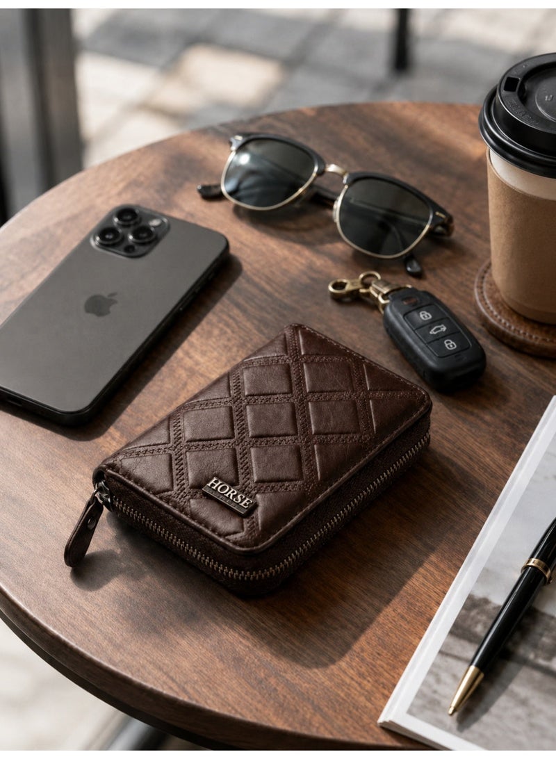 Horse Men's leather wallet with zipper for storing money and cards – Stylish design for everyday use - brown - Image 3