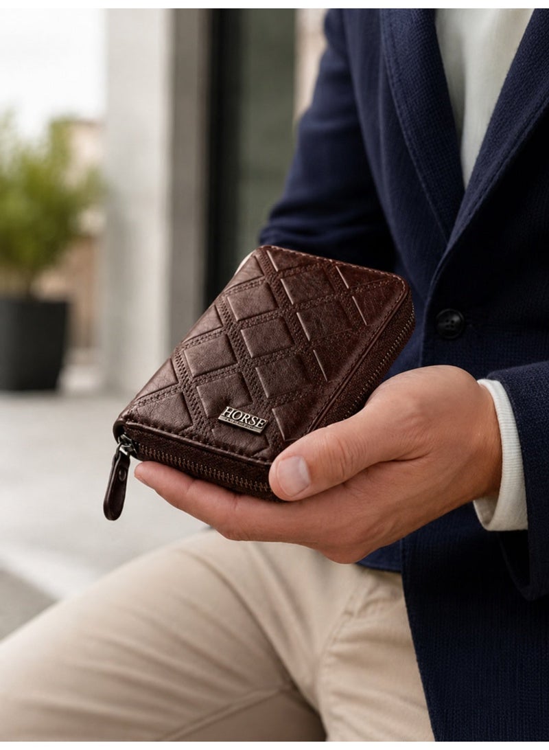 Horse Men's leather wallet with zipper for storing money and cards – Stylish design for everyday use - brown - Image 1